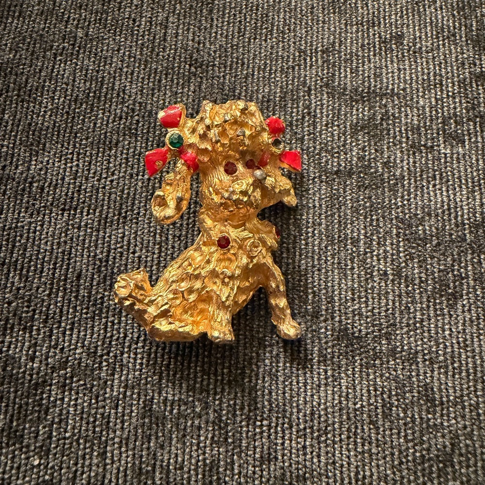 Gold Poodle Brooch with Red Accents